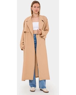 Hiccup Long Sleeve Paperbag Coat Jacket With Belt Detail - Natural