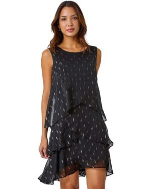 Roman Shimmer Foil Print Tiered Dress - Black