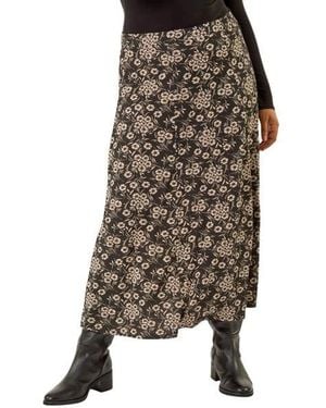 Roman Curve Floral Stretch Midi Skirt - Black