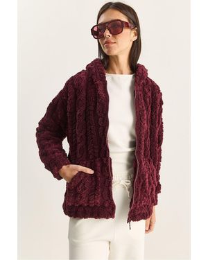 Bianco Lucci Hooded Textured Knitted Cardigan With Zipper - Purple