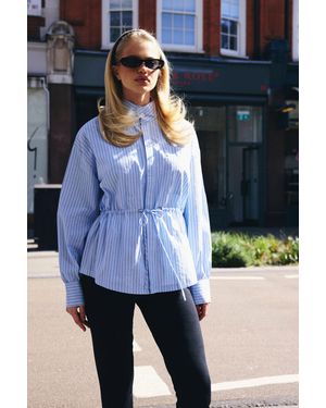 Boohoo Stripe Cinched Waist Funnel Neck Shirt - Blue