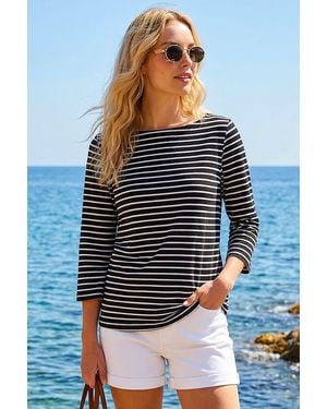 Roman Stripe Print Boat Neck Top - Grey