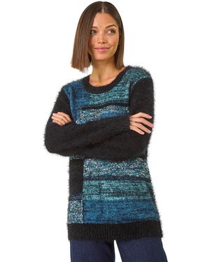 Roman Colour Block Fluffy Knit Jumper - Blue