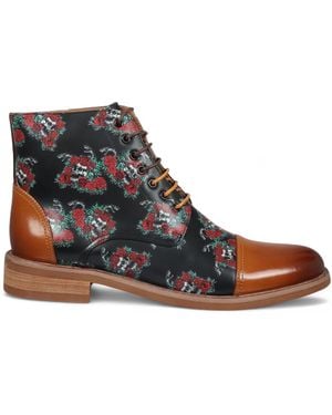 Justin Reess Floral Skull Print Leather Oxford Ankle Boots - Brown