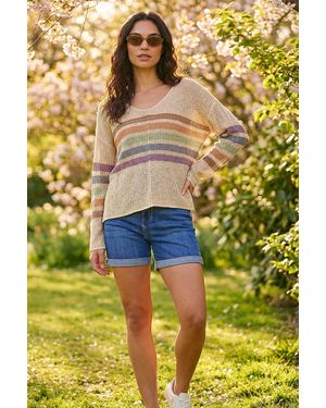 Roman Stripe V-Neck Knit Jumper - Natural