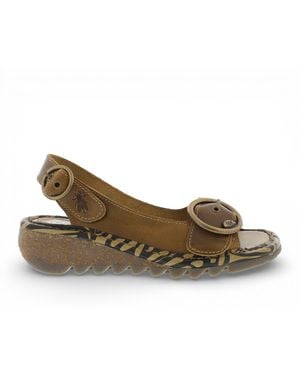 Fly London Tram723Fly Camel Leather Wedge Sandals - Green