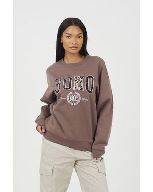 Brave Soul Slogan Crew Neck Sweatshirt - Brown
