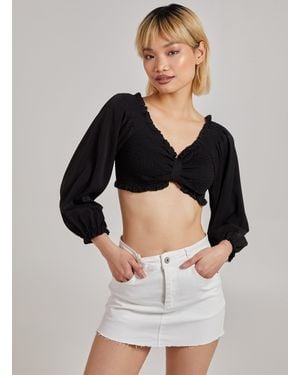 Pink Vanilla Twist Front Balloon Sleeve Crop Top - Black