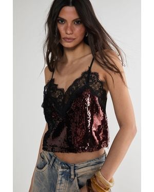 Nasty Gal Sequin Contrast Lace Trim Cami Top - Black