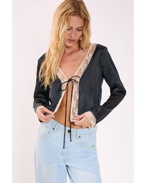 Nasty Gal Cutwork Lace Tie Front Long Sleeve Top - Blue