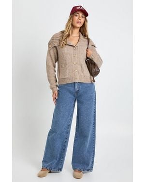 Boohoo Chunky Knit Oversized Collar Detail Button Through Cardigan - Blue