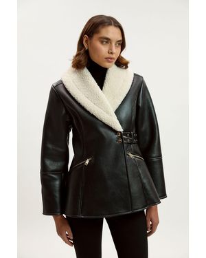 Karen Millen Faux Leather Bonded Waisted Peplum Coat - Black