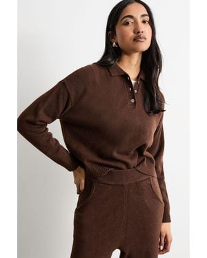Warehouse Knitted Button Up Collar Detail Jumper - Brown