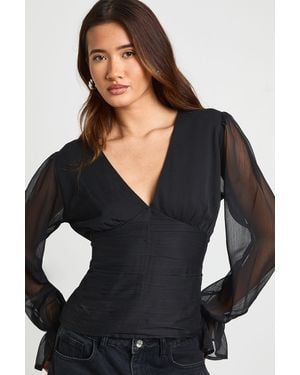 Boohoo Chiffon V Neck Long Sleeve Top - Black