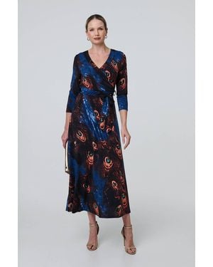 Izabel London Peacock Print 3/4 Sleeve Wrap Maxi Dress - Blue