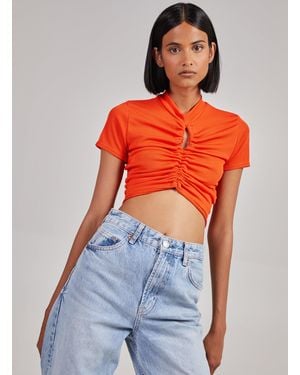Pink Vanilla Short Sleeve Gathered Keyhole Ribbed Top - Orange