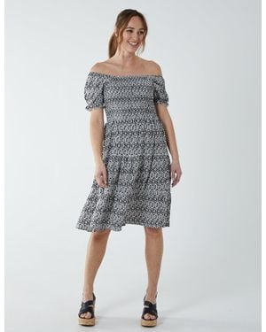 Blue Vanilla Puff Sleeve Bardot Shirred Dress - Blue