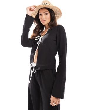 Kaiia Exclusive Linen Tie Front Contrast Trim Beach Shirt - Black