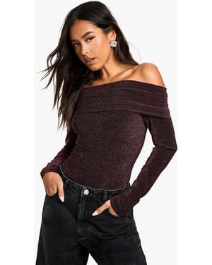 Boohoo Glitter Fold Over Bardot Bodysuit - Black