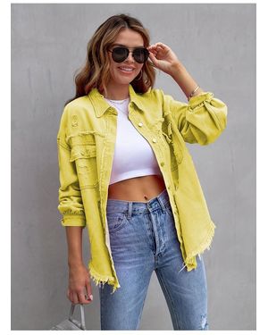 Everyday the Label Distressed Drop Shoulder Fringe Denim Jas - Geel