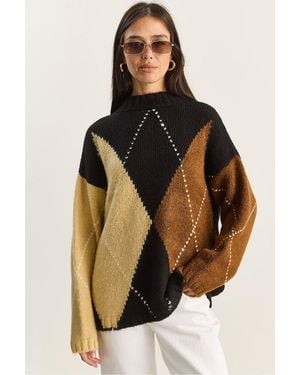 Bianco Lucci Oversized Knitted Diamond Pattern Jumper - Black