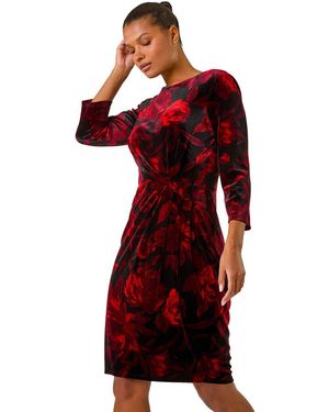 Roman Velvet Rose Print Side Twist Shift Dress - Red