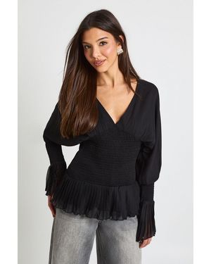 Boohoo Chiffon Shirred Blouse - Black