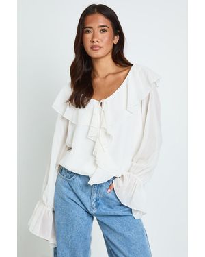 Boohoo Ruffle Plunge Blouse - White