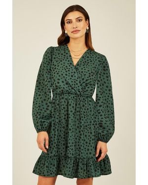 Mela London Dalmatian Print Long Sleeve Wrap Over Midi Dress - Green