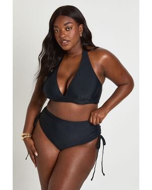 Boohoo Plus Tummy Control Ruched High Waist Bikini Bottom - Black
