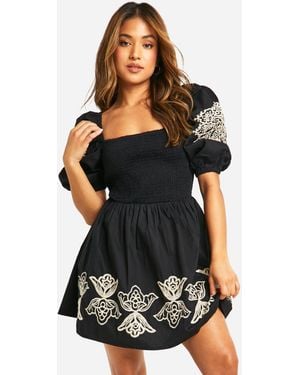Boohoo Petite Embroidery Puff Sleeve Mini Dress - Black