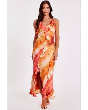 Quiz Ruffle Printed Midaxi Dress - Orange