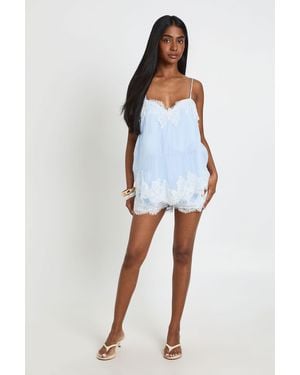 Boohoo Crinkle Chiffon & Lace Layered Playsuit - Blue