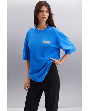 Grimelange Oversized Crew Neck Logo T-Shirt - Blue