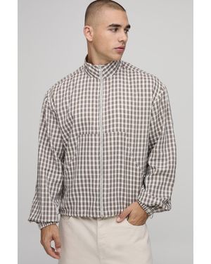 BoohooMAN Regular Fit Funnel Neck Check Harrington Overshirt - Grey