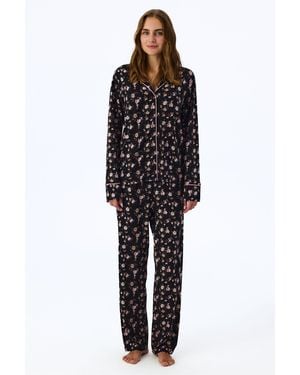 Penti Floral Dream Long Sleeve Shirt Trousers Pyjama Set - Black