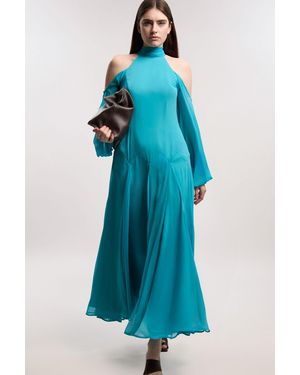 Karen Millen Crinkle Georgette High Neck Cold Shoulder Woven Maxi Dress - Blue