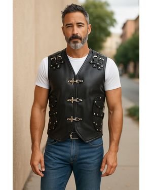 Infinity Leather Biker Waistcoat Metal Buckles Vest - Black