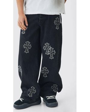 BoohooMAN Baggy Rigid Leopard Cross Applique Denim Jeans - Blue