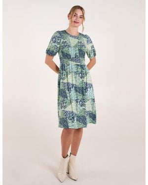 Blue Vanilla Shirred Bust Puff Sleeve Patchwork Mini Dress - Blue