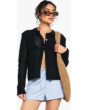 Boohoo Crochet Knitted Button Through Collared Cardigan - Black