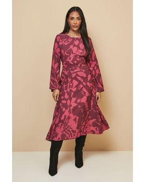 Wallis Petite Floral Flute Sleeve Tie Midi Dress - Red