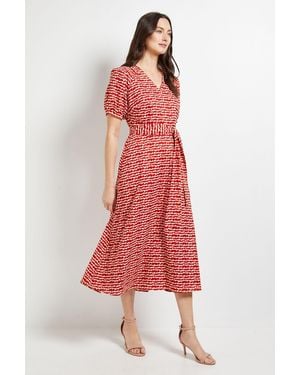 PRINCIPLES Pleated Sleeve Belted Midi Dress - Red