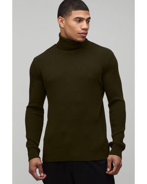 BoohooMAN Muscle Fit Ribbed Roll Neck Knitted Jumper - Green