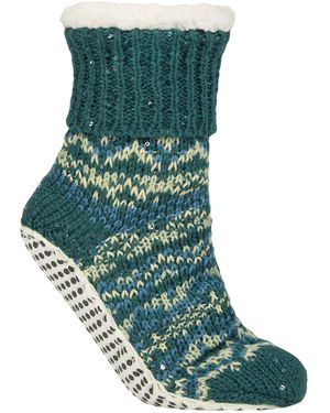 Elle 1 Pair Ladies Chunky Fair Isle Moccasin Grip Socks - Green