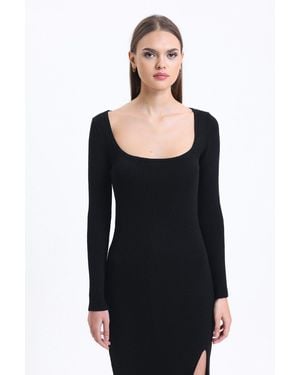 Hiccup Square Neck Slit Long Sleeve Maxi Dress - Black