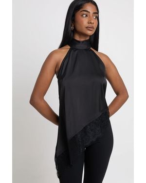 Boohoo Satin High Neck Lace Trim Top - Black