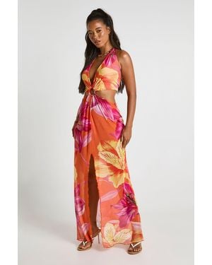 Boohoo Floral Print Halter Cut Out Mesh Maxi Beach Dress - Red
