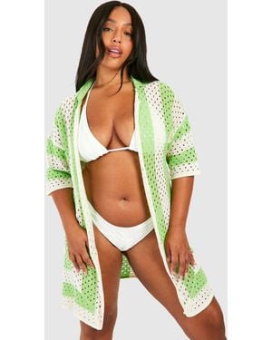 Boohoo Plus Crochet Square Print Beach Shirt - Green