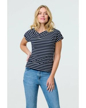 Izabel London Striped Asymmetric Short Sleeve Top - Blue